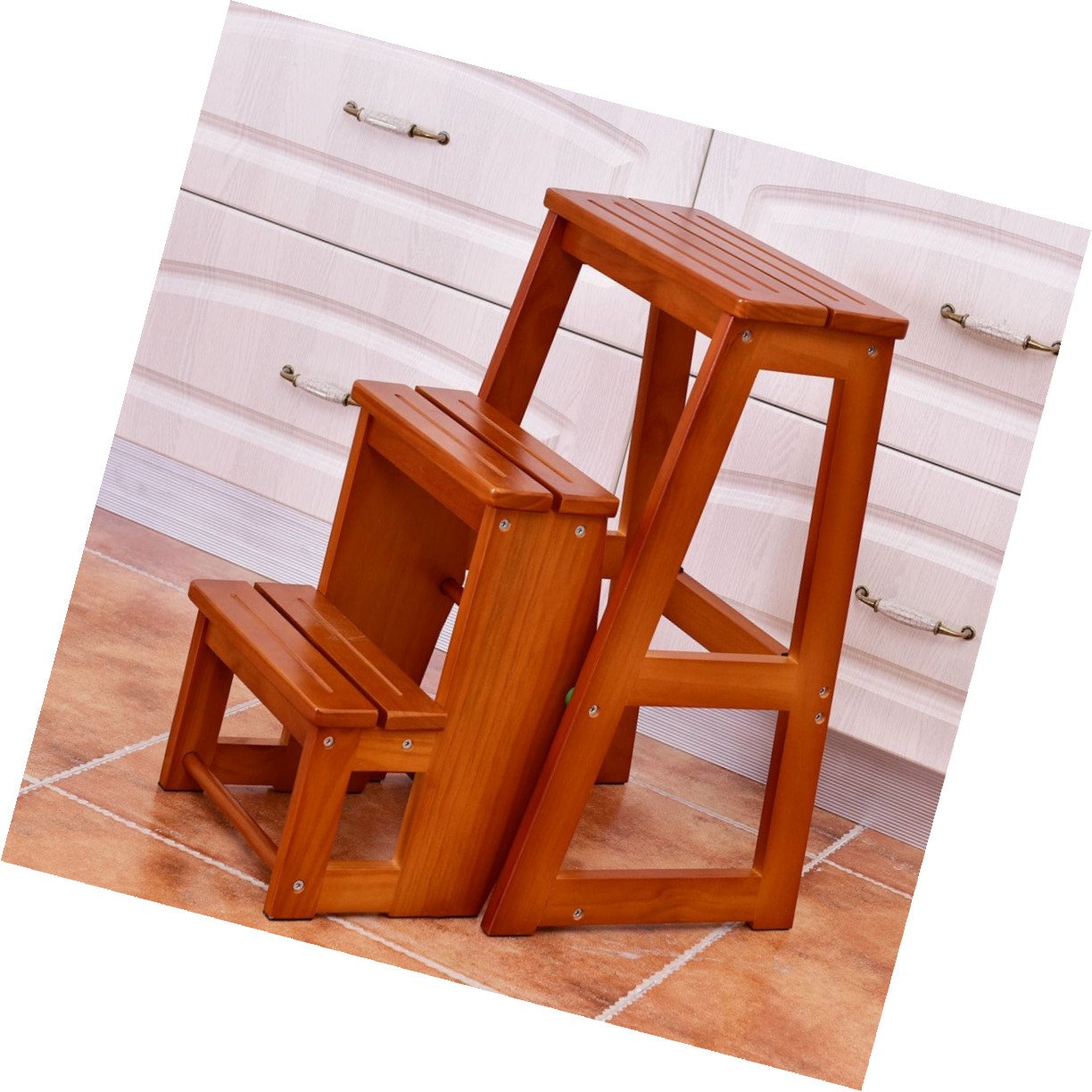 Wood Step Stool Folding 3 Tier Ladder Chair Bench Seat Utility Multi Picture 1 Of 7