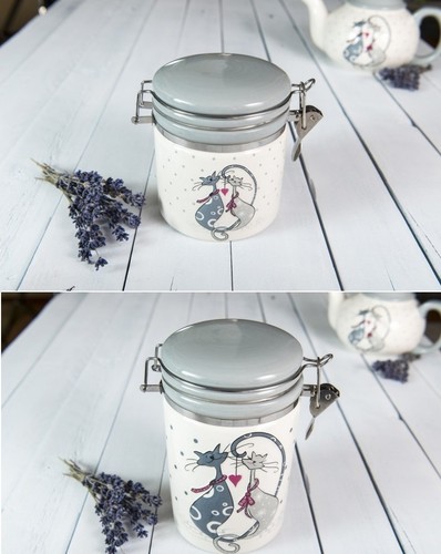 Set of 2 Porcelain Jars Containers Tea Coffee Sugar Ceramic Cat Canisters KitKat