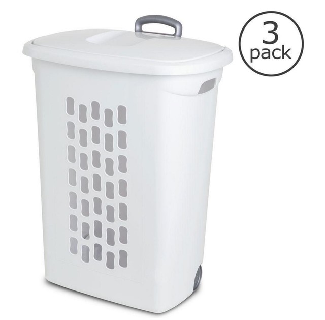 Sterilite 12228003 Wheeled Laundry Hamper Portable Lift Top Portable Laundry Hamper 3 Pack Clothes Basket Storage Bin W Extendable Handle