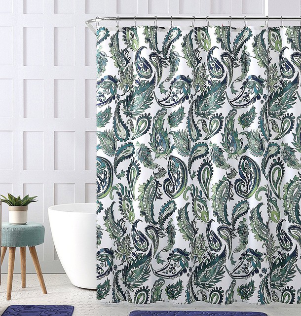 Bold Paisley Print Fabric Shower Curtain Teal Green Navy And White Bold Paisley Print Fabric Shower Curtain Teal Green Navy And White 72in X72 In