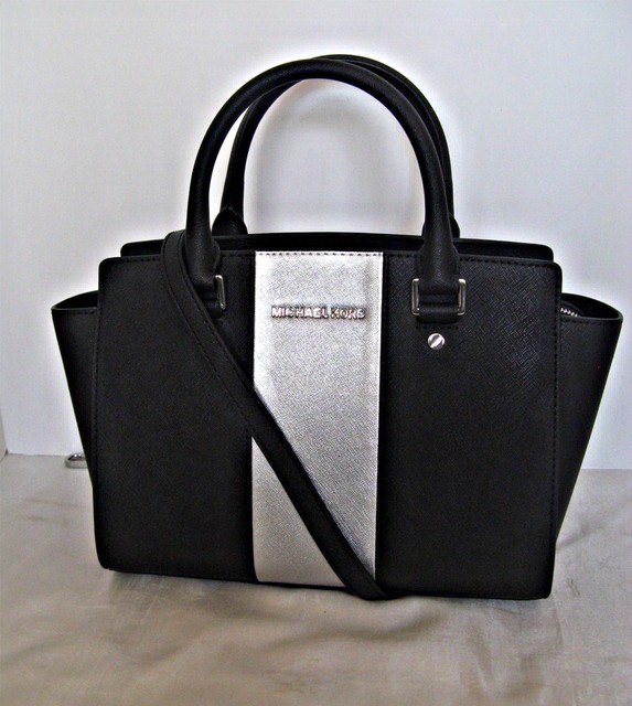 Michael Kors Metallic Center Stripe Selma Medium Satchel 30h5sc3s2l Michael Kors Selma Medium Top Zip Leather Satchel Black Silver