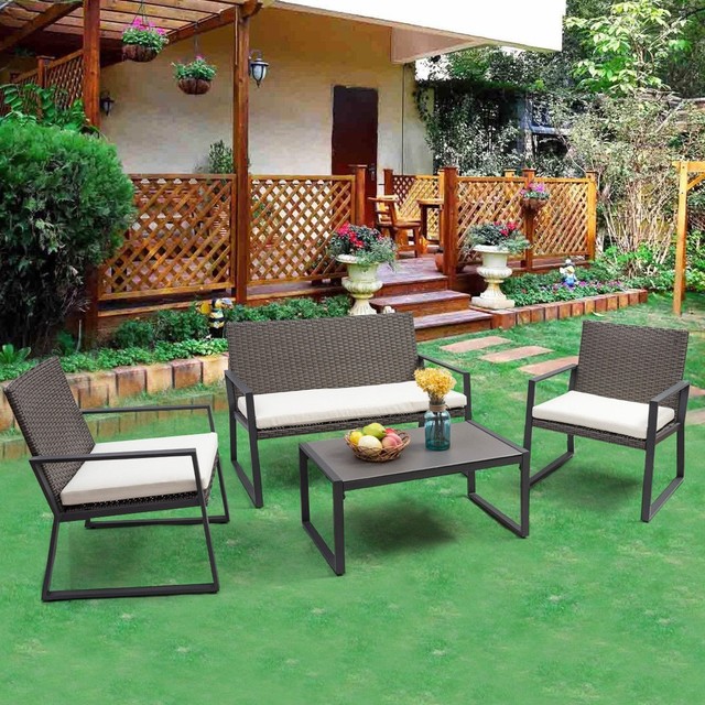 4pc Patio Furniture Set Cushioned Outdoor Wicker Rattan Garden Lawn 4pc Set Outdoor Garden Patio Rattan Wicker Cushioned Lawn Seat Sofa Furniture Us