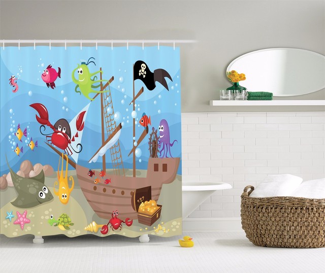 Ocean Octopus Treasure Sunken Ship Pirate Sail Shower Curtain Extra Ocean Octopus Treasure Sunken Ship Pirate Sail Shower Curtain Extra Long 84 Inch