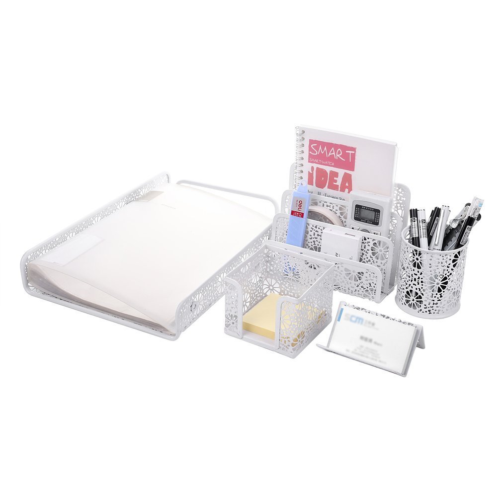 Crystallove Set Of 5 White Metal Mesh Office Desk Accessories Picture 1 Of 7