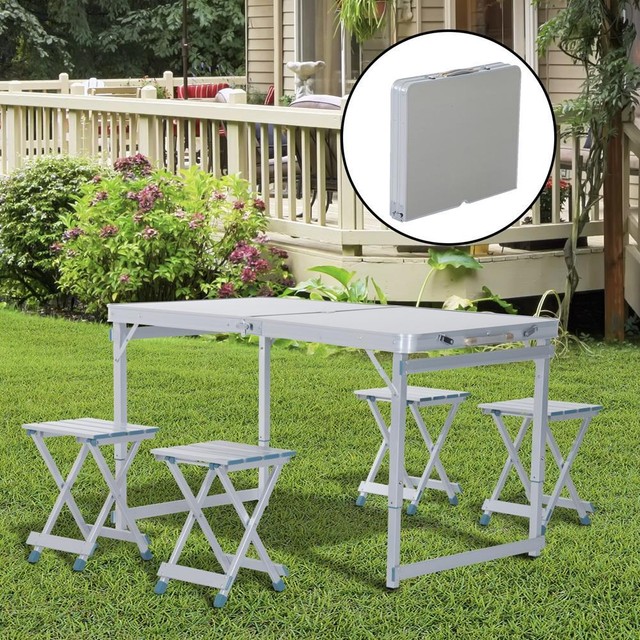 Folding Picnic Table And 4 Seats Lightweight Camping Garden Bbq Folding Table 4 Piece Chairs Set Aluminum Picnic Desk Stool Camping Furniture