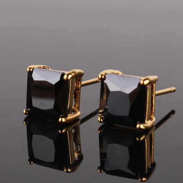 14k Yellow Gold Plated Black Onyx Mens Square Punk Hip Hop Stud Picture 1 Of 3