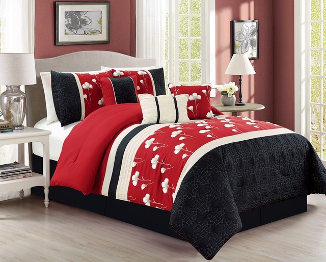 Chezmoi Collection 7p Chenille Poppy Flowers Pleated Embroidery 7pc Chenille Poppy Flower Fl Pleated Embroidery Comforter Set Full Red