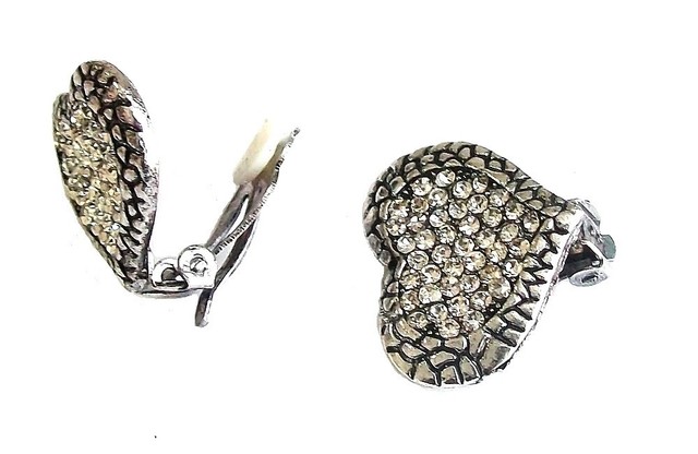 Silver Gold Heart Stud Clip On Earrings Crystal Diamante Gift Women Picture 2 Of 3