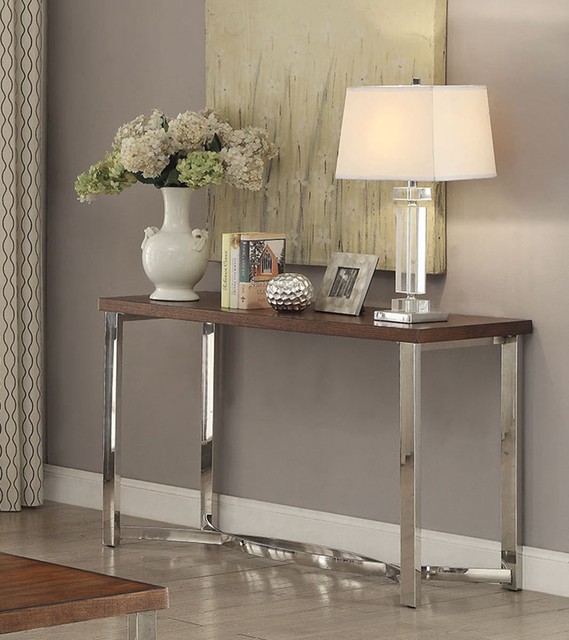 Coaster 705079 Transitional Sofa Table With Interlocking Chrome Base Transitional Design Sofa Table Base Frame Chrome Finish Wood Top Living Room New