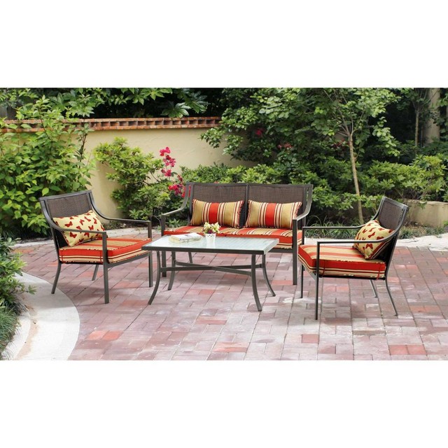 Mainstays Alexandra Square 4 Piece Patio Conversation Set Red Stripe Mainstays Alexandra Square 4 Piece Patio Conversation Set Seats