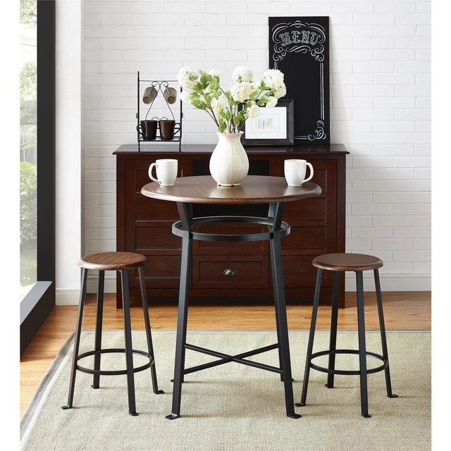 3pc Round Metal Pub Set With Wood Top Dark Mahogany Chairs Table ... 3pc Round Metal Pub Set With Wood Top Dark Mahogany Chairs Table ...