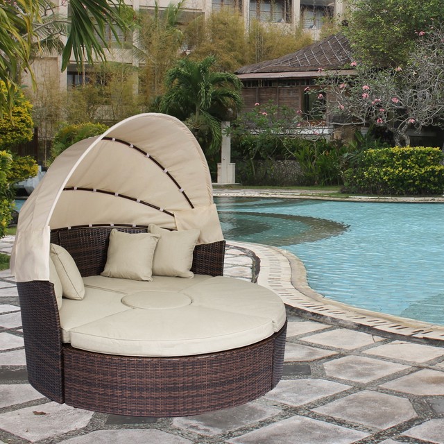 Outdoor Patio Sofa Furniture Retractable Canopy Round Daybed Wicker Outdoor Patio Rattan Wicker Sofa Sunbed Round Daybed Retractable Canopy Brown