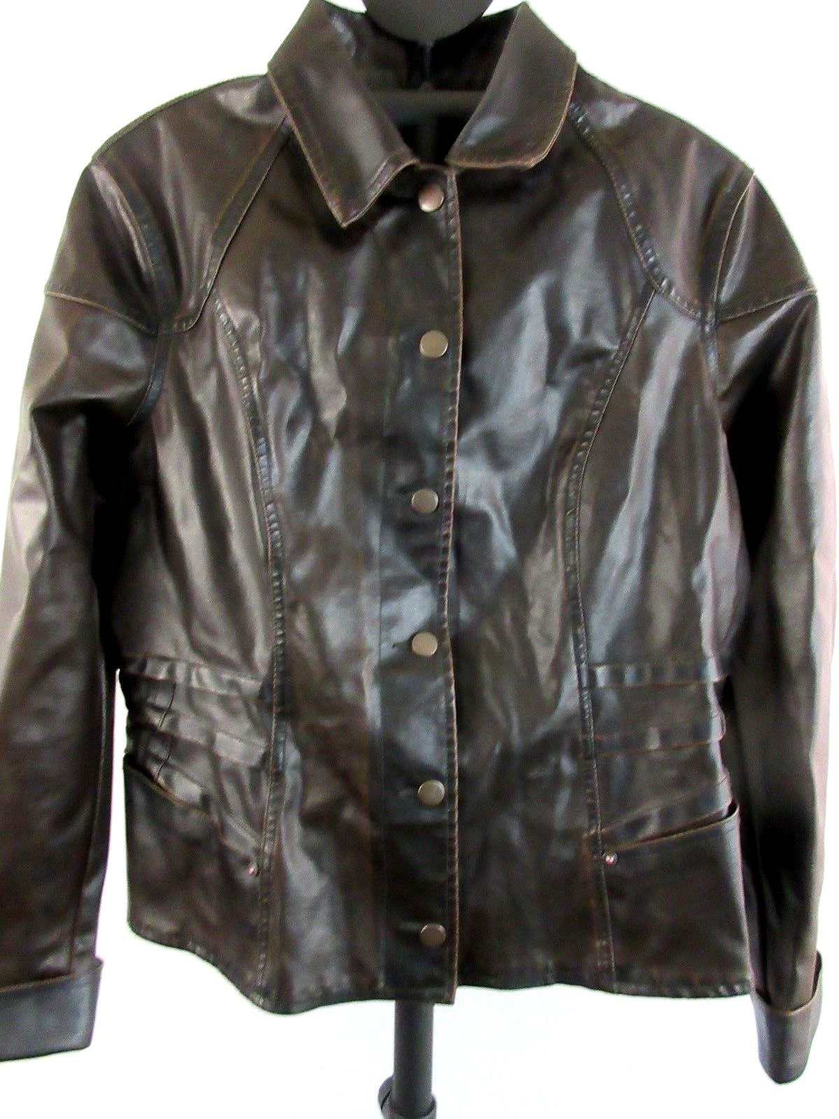 Brown Vegan Leather Jacket Coat Women S Xl 15 17 Snap On Front Picture 1 Of 8