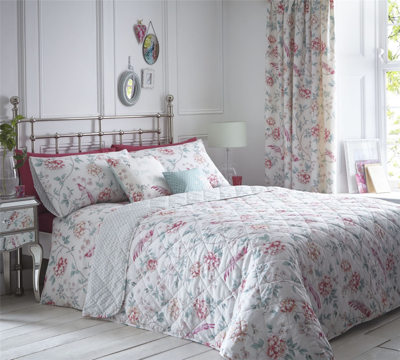 Oriental Birds Fl Pink Duck Egg Blue White Quilted Bedspread Picture 1 Of