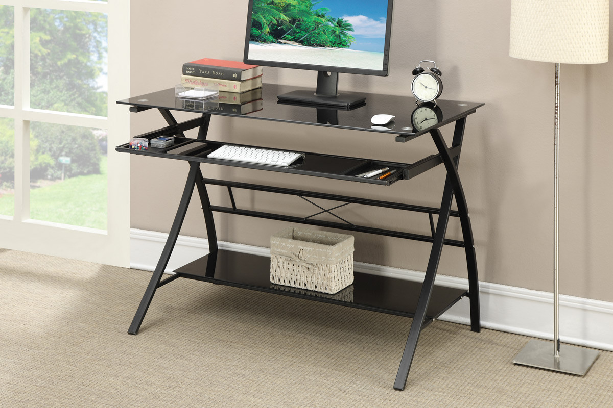 Poundex F3034 Black Glass Writing Desk Item 1 Wide Black Glass Top Metal Frame Keyboard Tray Lower Shelf Computer Writing Desk
