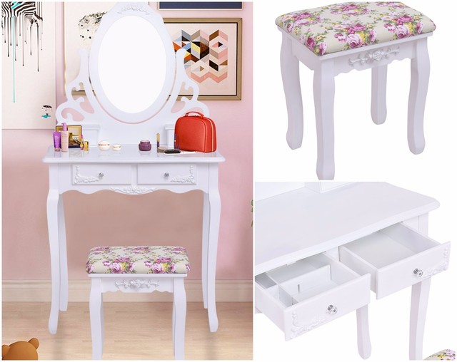Functional Bedroom Furniture Dressing Table Set 4 Drawers Mirror Functional Bedroom Furniture Dressing Table Set 4 Drawers Mirror Stool White