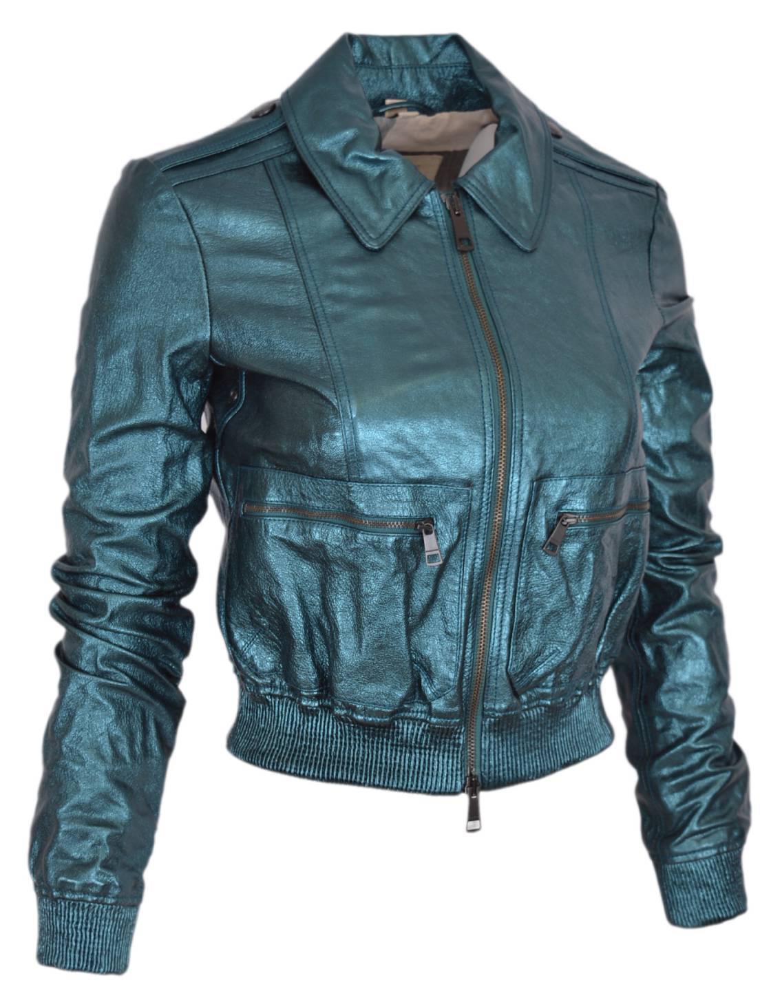 Burberry 995 Metallic Green Goat Leather Nova Check Biker Jacket 4 Picture 1 Of 10