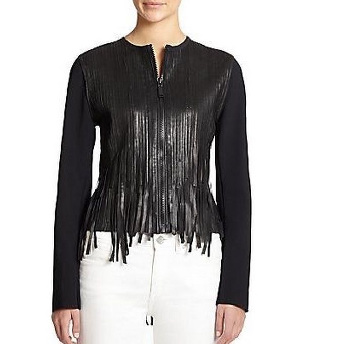 Elie Tahari 6788 Womens Black Lamb Leather Fringe Jacket Coat S Bhfo Picture 1 Of 3