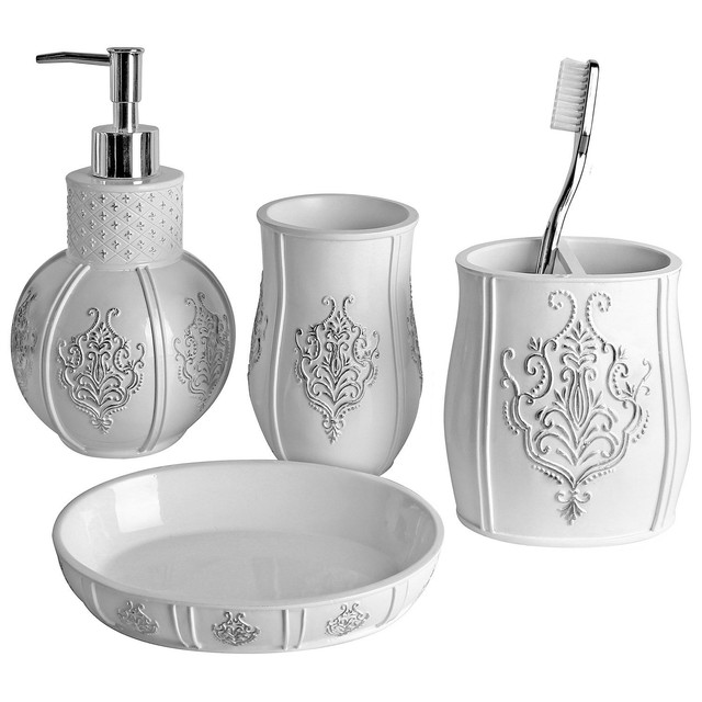 Durable Vintage Bathroom Accessories Tumbler Dish Home Bath Decor Durable Vintage Bathroom Accessories Tumbler Dish Home Bath Decor Set 4pc White