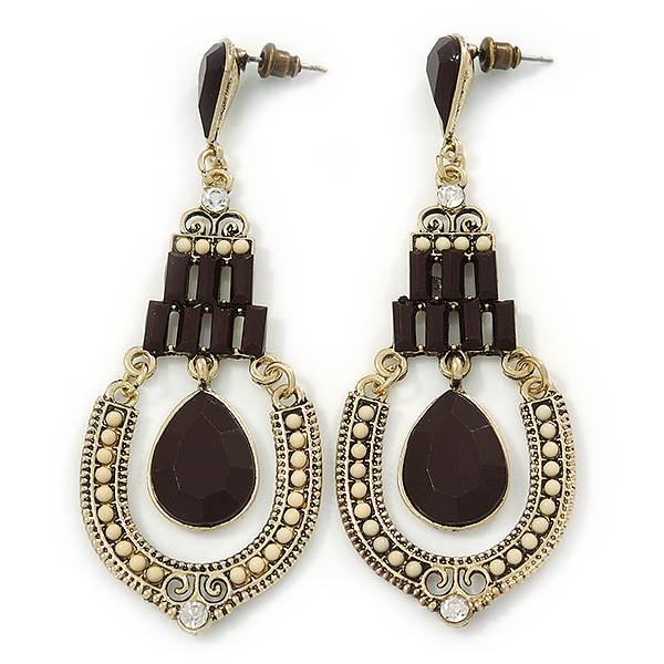 Vintage Inspired Black/ Cream Acrylic Bead Chandelier Earrings In Vintage Inspired Black/ Cream Acrylic Bead Chandelier Earrings In Antique Gold T - Vintage Inspired Black/ Cream Acrylic Bead Chandelier Earrings In