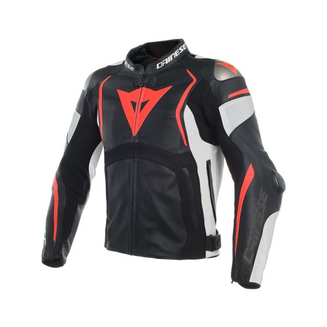 Dainese Mugello Black White Fluo Red Leather Motorcycle Jacket 56 Dainese Mugello Leather Motorcycle Jacket Black White Fluo Red