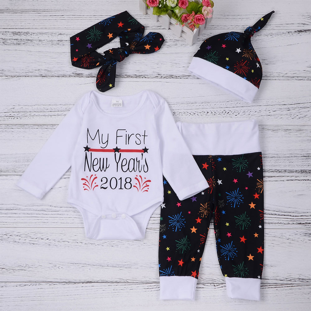 4pcs Newborn Baby Girls My First Years 2018 Firework Romper Jumpsuit