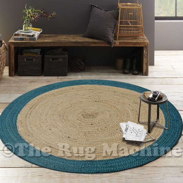 Hampton Teal Blue Border Braided Natural Jute Round Floor Rug Hampton Teal Blue Border Braided Natural Jute Round Floor Rug 100x100cm New