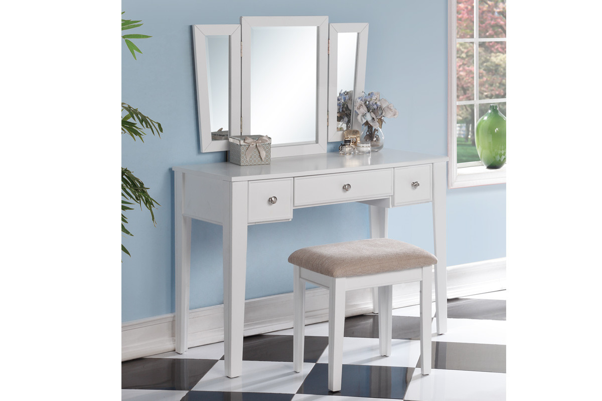 Poundex Furniture F4110 White Vanity Set With 3 Panel Mirror And Picture 1 Of