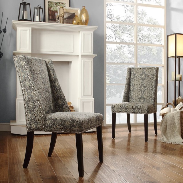 Chelsea Lane Blue Print Fabric Wingback With Nailhead Accent Chair Chelsea Lane Blue Print Fabric Wingback With Nailhead Accent Chair Set Of 2