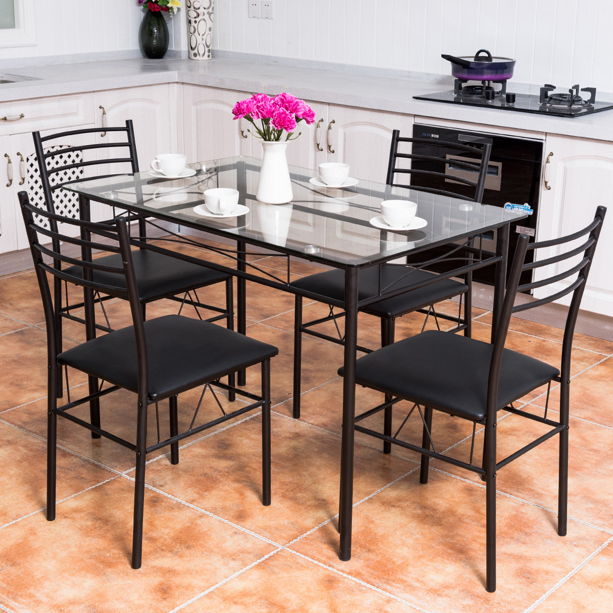 5pc Dining Set Glass Top Table 4 Upholstered Chairs Kitchen Room Picture 1 Of 8