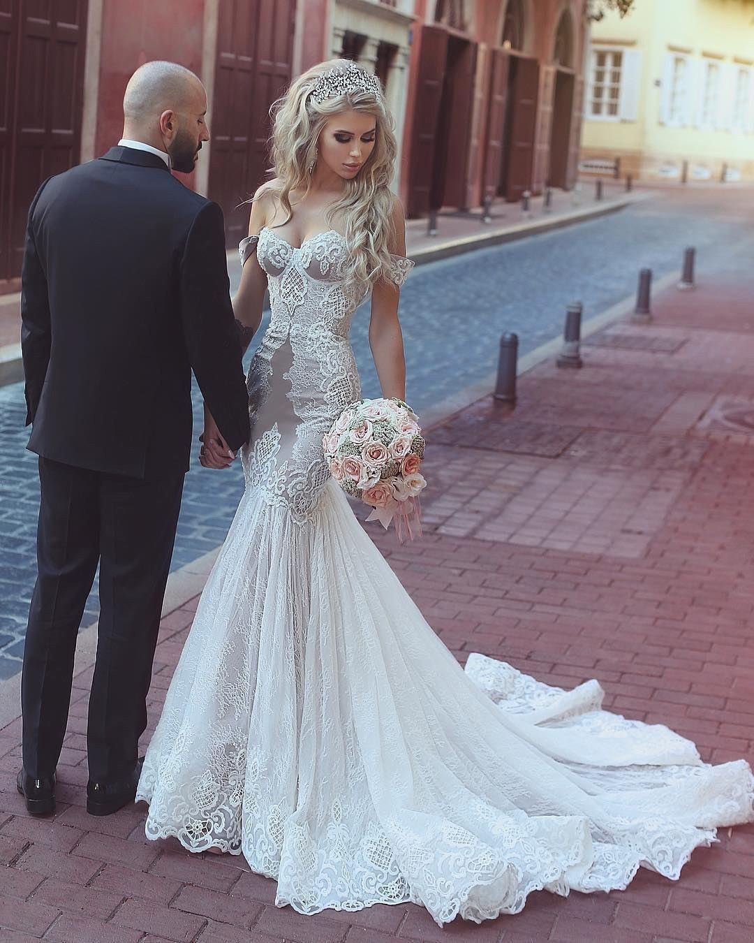 White Mermaid Wedding Dress Lace Off The Shoulder Bridal Gowns With White Mermaid Wedding Dress Lace Off The Shoulder Bridal Gowns With Train Ivory 28 Ebay