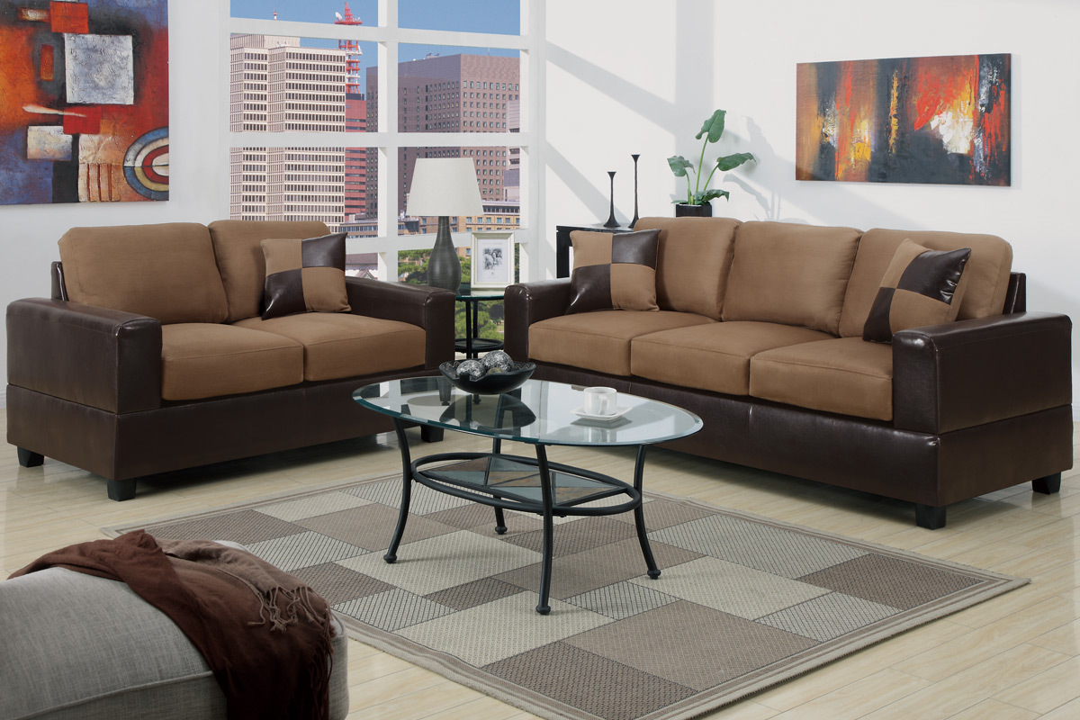 2pc Hazelnut Microfiber Faux Leather Sofa And Love Seat With Accent Picture 1 Of