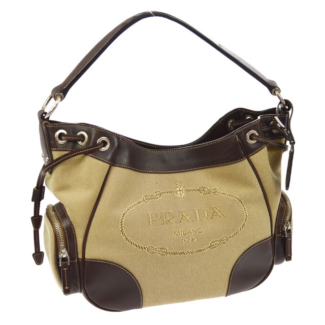100 Authentic Prada Brown Leather Shoulder Bag Ebay 100 Authentic Prada Canapa Logos Shoulder Bag Beige Brown Canvas Leather V13481