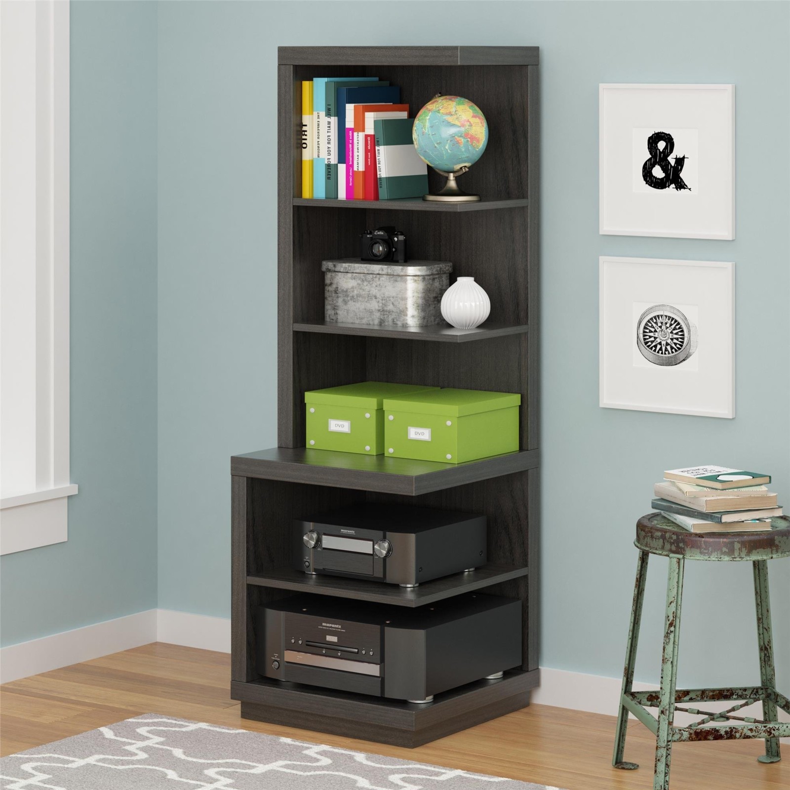 Corner Bookcase Audio Stand 5 Shelves Brown Wood Electronics Shelf Picture 1 Of 9