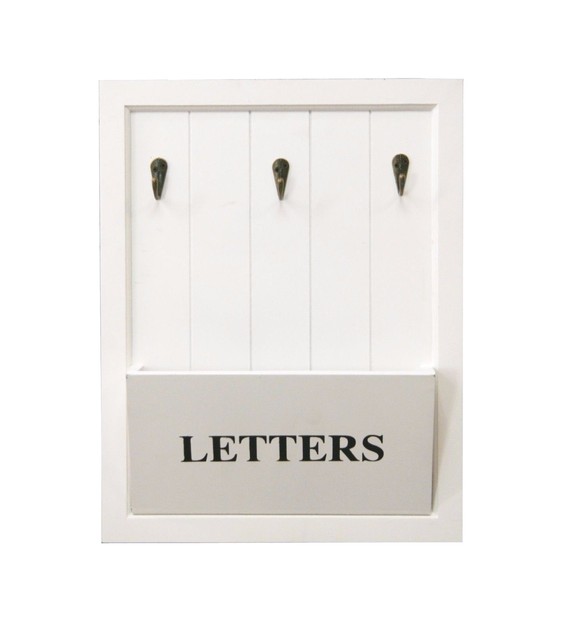 Wooden White Letter Holder Rack With 3 Key Hooks Wall Mounted Retro