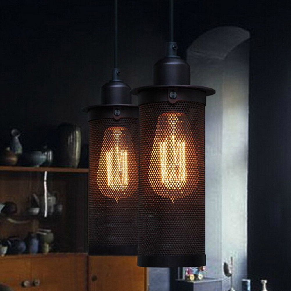 Vintage Mesh Cylinder Pendant Light Bar Wired Hanging Lampshade 8
