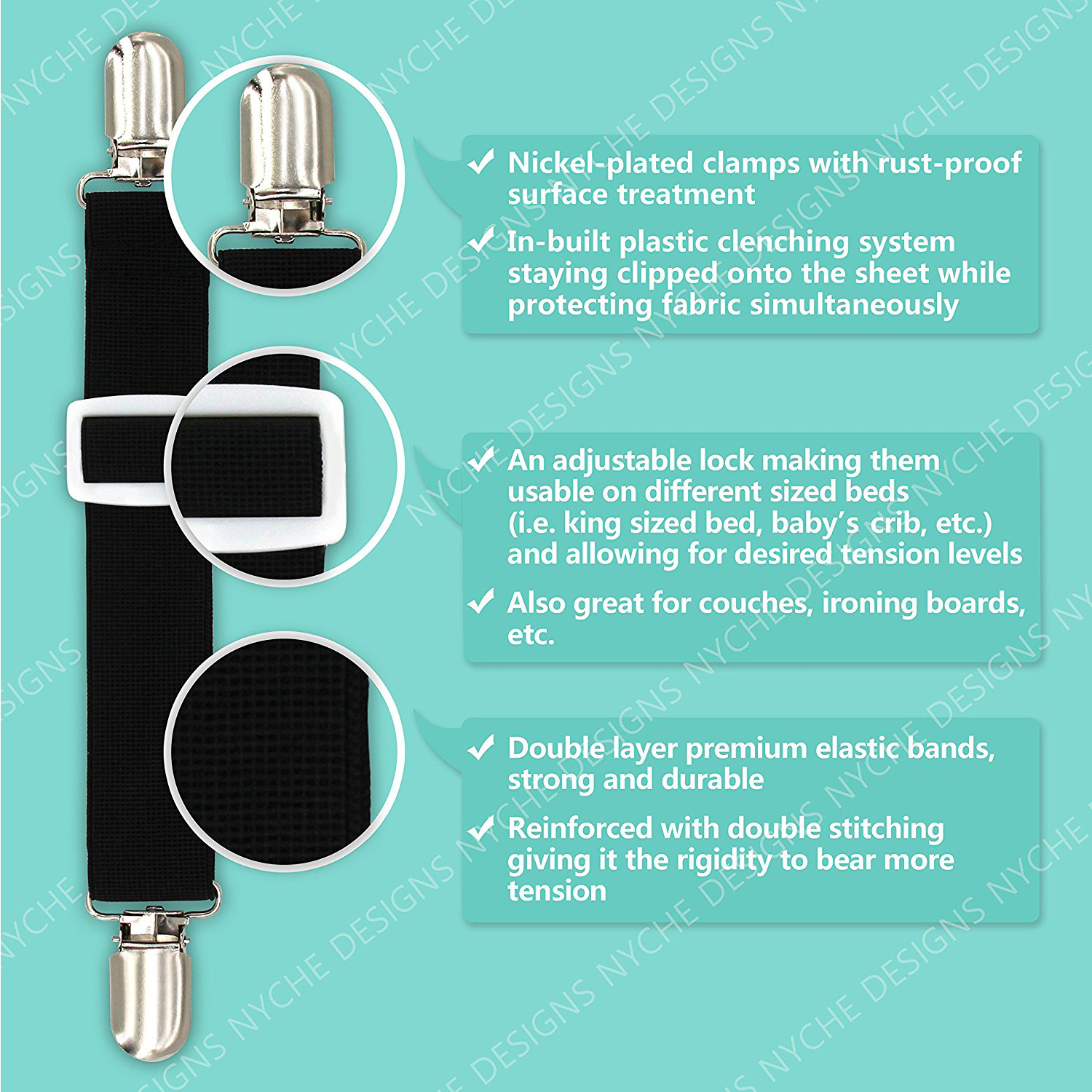 Adjule Bed Sheet Straps Clips Grippers Fasteners Holder Black Adjule Bed Sheet Straps Clips Grippers Fasteners Holder Black Set Of 4