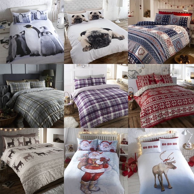 100 Brushed Cotton Flannelette White Red And Blue King Size Duvet 100 Brushed Cotton Flannelette Thermal Winter Hygge Christmas Duvet Cover Set