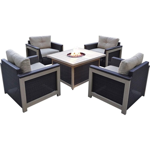 Agio Wolf 5 Piece Wicker Patio Fire Pit Conversation Set With Tan Agio Wolf 5 Piece Wicker Patio Fire Pit Conversation Set With Tan Cushions Usa