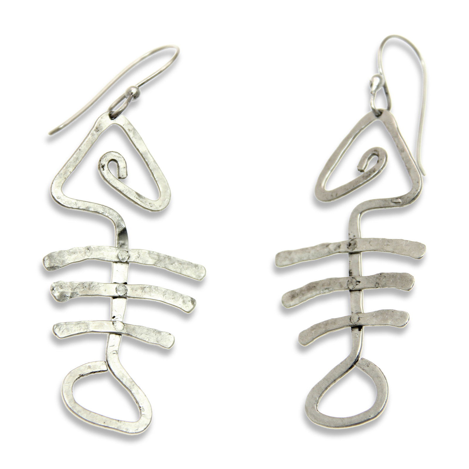 Hand Hammered Sterling Silver 925 Dangle Earrings Bone Fish Picture 1 Of 2