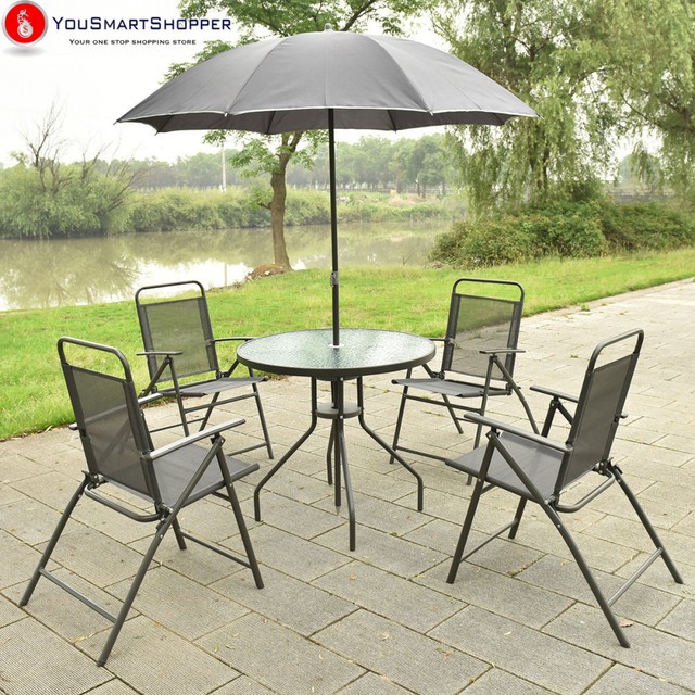 Goplus 6 Pcs Patio Garden Furniture Set W 4 Folding Chairs Umbrella Goplus 6 Pcs Patio Garden Furniture Set W 4 Folding Chairs Umbrella Gray New