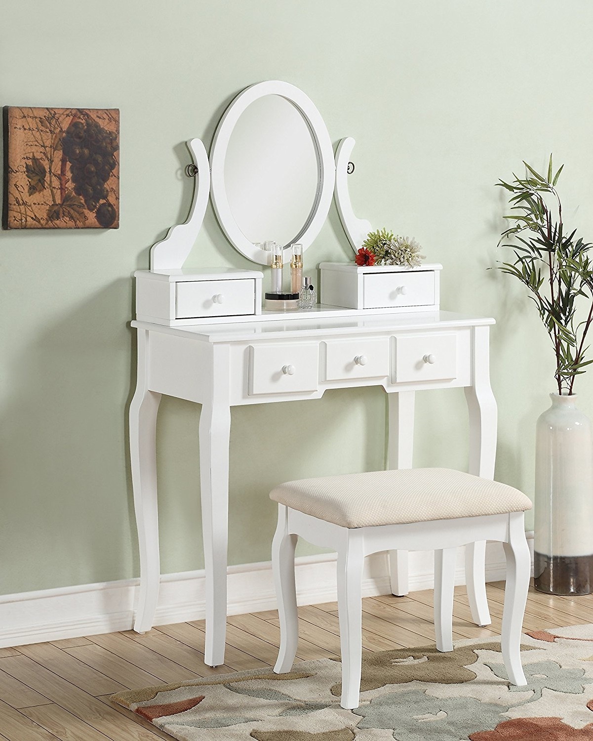 Makeup Vanity Set Table Swivel Mirror Stool 5 Jewelry Drawers Wooden Picture 1 Of 4