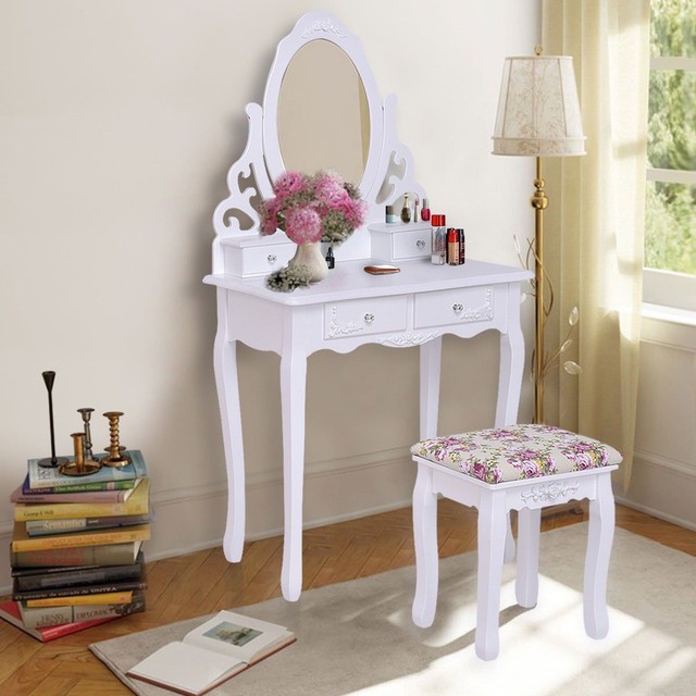 White Vanity Table Set Wood Dressing Desk With Stool Mirror And White Vanity Table Set Wood Dressing Desk With Stool Mirror And Storage Drawers