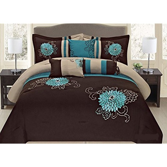 Fancy Collection 7 Pc Embroidery Bedding Brown Turquoise Comforter Fancy Collection Comforter Sets 7 Pc Embroidery Bedding Brown Turquoise Queen