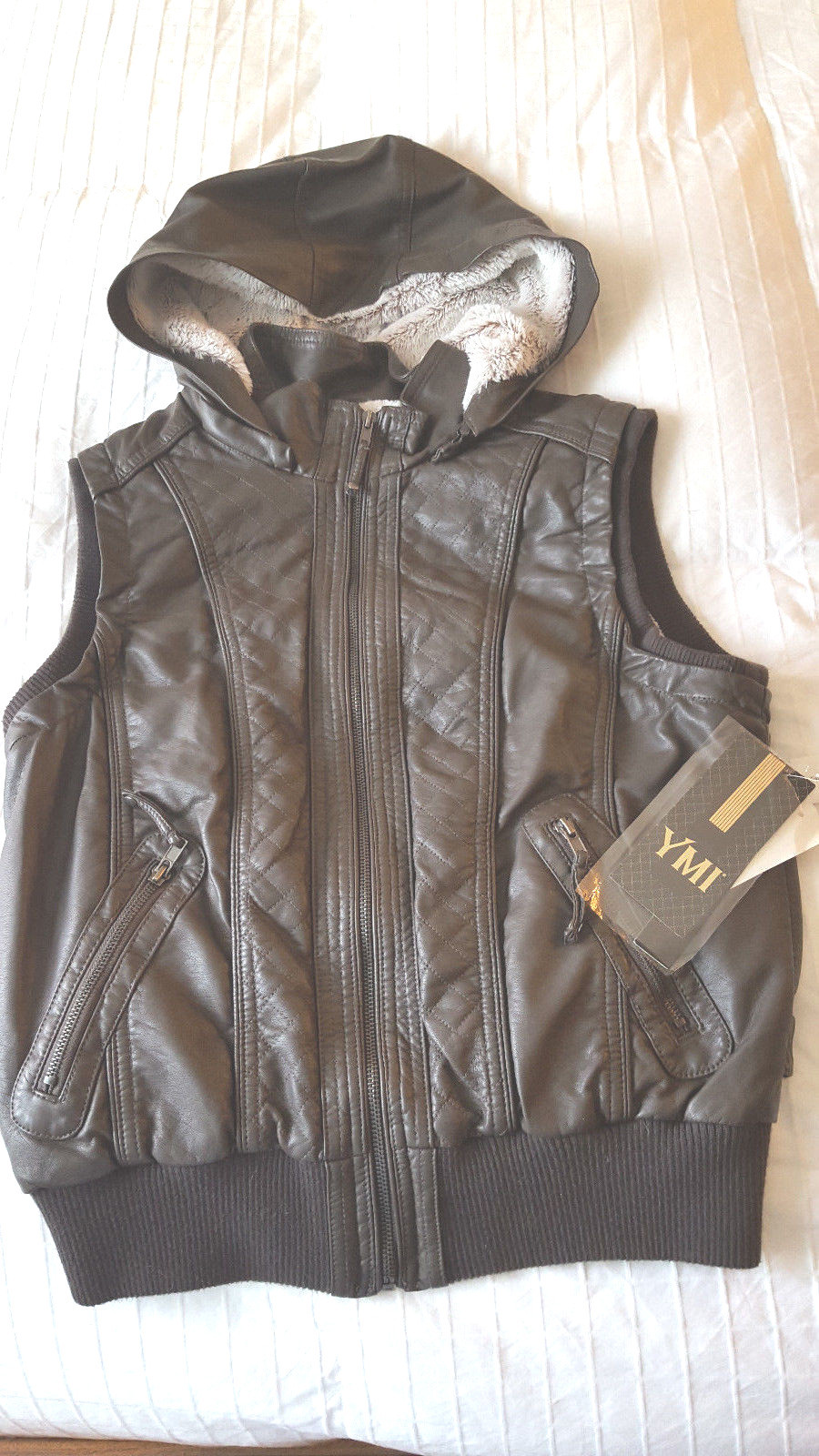 Ymi Faux Leather Fur Hooded Vest Sz Large Brown Picture 1 Of 4