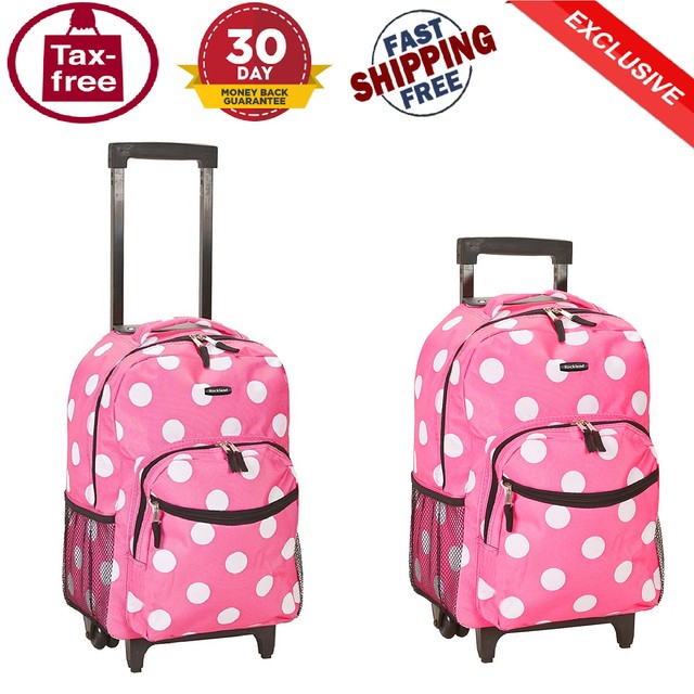 Girls Pink Polka Dot White 17/" School Travel Tote Bag Large Rolling Backpack