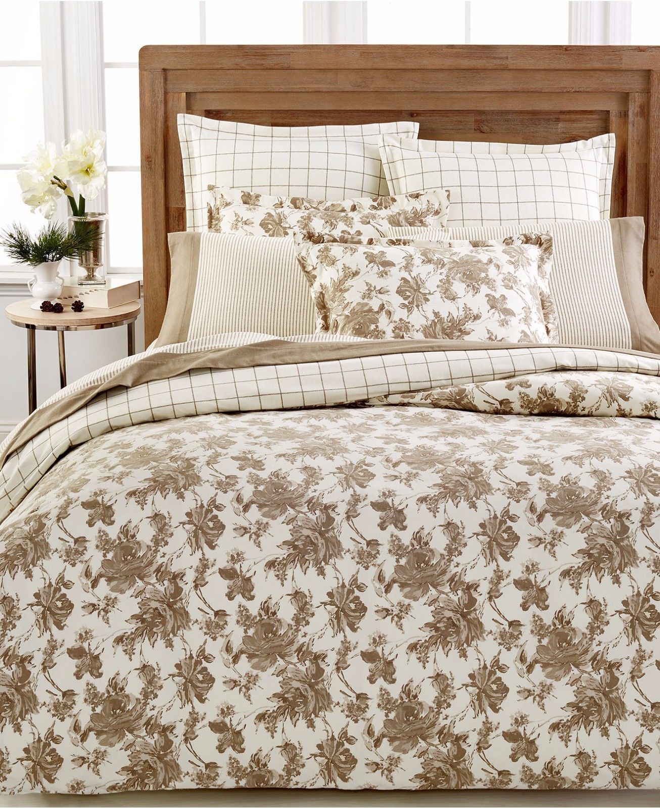 Martha Stewart Sketched Roses Flannel Twin Duvet Cover Bedding Beige Picture 1 Of