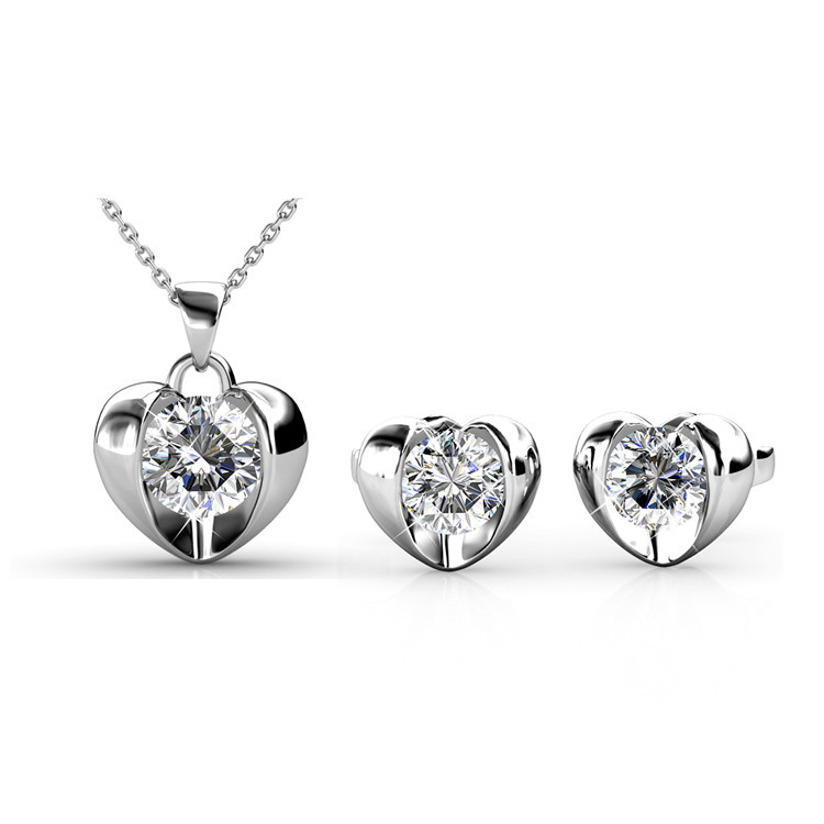 Simple Heart Necklace And Earrings Set 18k Gp Made With Swarovski Picture 1 Of 9