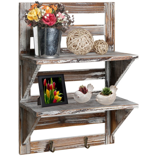 Mygift Rustic Wood Wall Mounted Organizer Shelves W 2 Hooks Tier Mygift Rustic Wood Wall Mounted Organizer Shelves W 2 Hooks Tier Storage