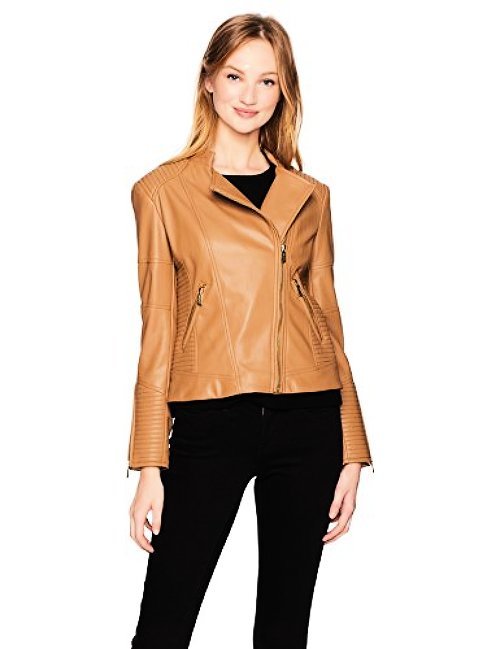 Calvin Klein Womens Faux Leather Moto Jacket Vicuna Um